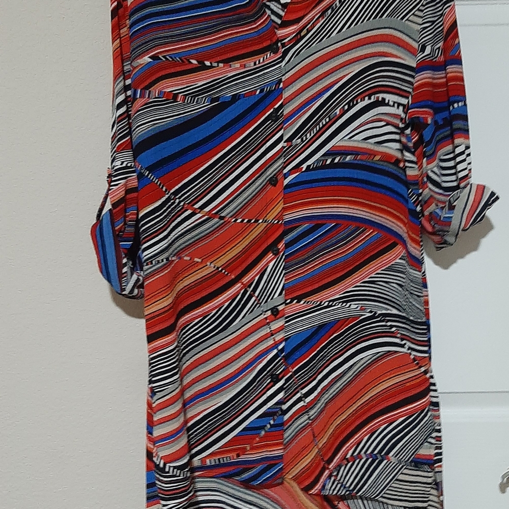🆕️ Colorful Striped Button-Up High Low Top Roll Sleeves